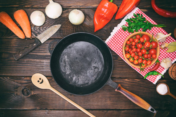 istock empty black round frying pan and fresh vegetables 851038082