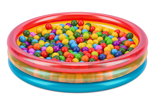 Children's ball pool with colored balls, 3D rendering isolated on white background