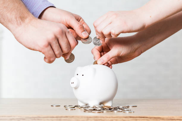 istock Inserting a coin into a piggy bank 851045200