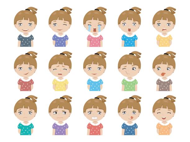 Set of Cartoon cute caucasian girl face emotions Set of woman's emotions. Facial expression. Girl Avatar. Vector illustration of a flat design child laughing hysterically stock illustrations