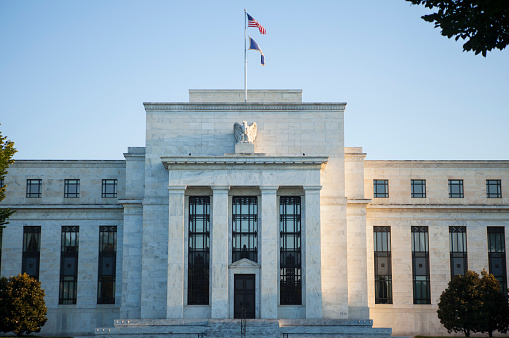 Washington DC, USA - March 27, 2022. Facade of Federal Reserve building in Washington DC, US