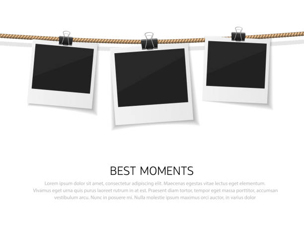 Enjoy every moment. Set of vector polaroid photo hanged on rope. Realistic retro style instant fotos with thread Enjoy every moment. Vector polaroid photo hanged on rope. Retro photos on a thread. Instant photo frame collection composite image photos stock illustrations