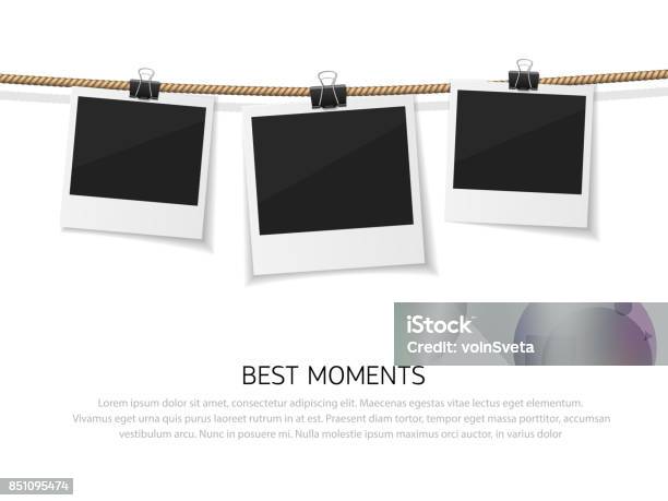 Enjoy Every Moment Set Of Vector Polaroid Photo Hanged On Rope Realistic Retro Style Instant Fotos With Thread Stock Illustration - Download Image Now