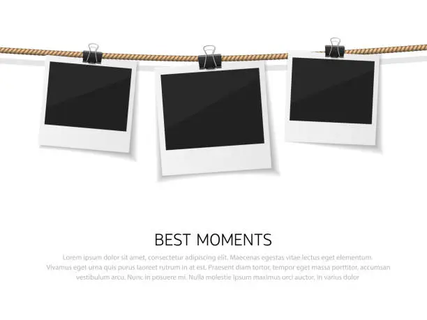 Vector illustration of Enjoy every moment. Set of vector polaroid photo hanged on rope. Realistic retro style instant fotos with thread