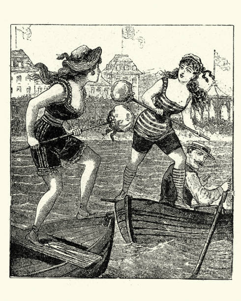 Victorian women playing jousting at the seaside, 1880s Vintage engraving of Victorian women playing jousting at the seaside, 19th Century victorian swimwear stock illustrations