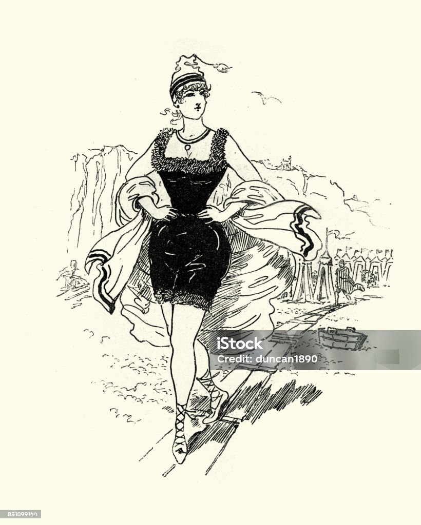 Young victorian woman bathing costume at the beach Vintage engraving of a Young victorian woman bathing costume at the beach, 19th Century Swimwear stock illustration