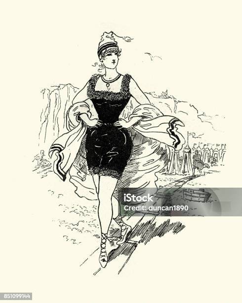 Young Victorian Woman Bathing Costume At The Beach Stock Illustration - Download Image Now - Swimwear, Archival, Old-fashioned