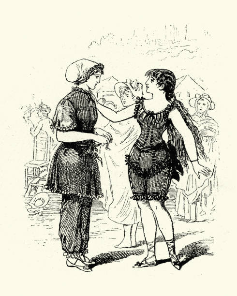 Victorian women wearing bathing costumes at the beach Vintage engraving of young victorian women wearing bathing costumes at the beach, 19th Century victorian swimwear stock illustrations