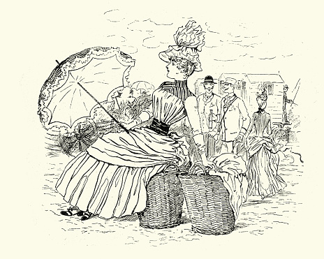 Vintage engraving of Young victorian woman at the beach with picnic baskets and parasol, 19th Century