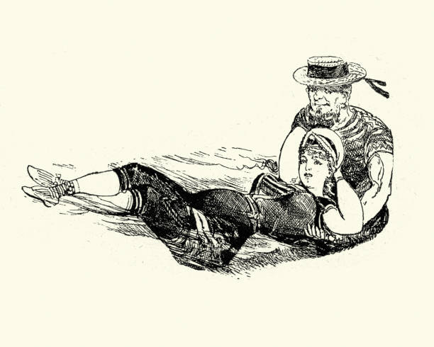 Victorian man teaching a woman how to swim in sea Vintage engraving of a Victorian man and woman paddling in the sea, 19th Century victorian swimwear stock illustrations