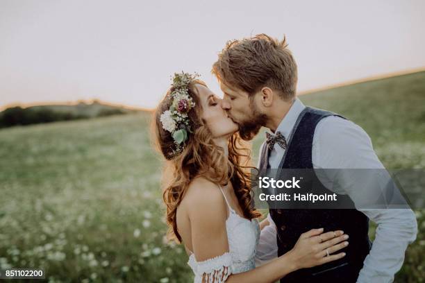 Schöne Braut Und Bräutigam Bei Sonnenuntergang In Der Grünen Natur Stockfoto und mehr Bilder von Hochzeit