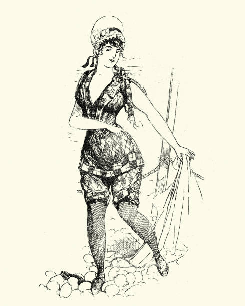 Young victorian woman in a bathing costume, 1880s Vintage engraving of a Young victorian woman in a bathing costume, 19th Century victorian swimwear stock illustrations