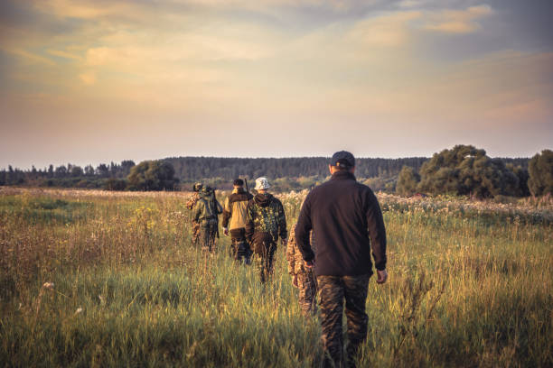 Group of people in a row going away through rural field at sunset during hunting season in countryside Group of men in a row going away through rural field at sunset during hunting season in countryside hunting sport stock pictures, royalty-free photos & images