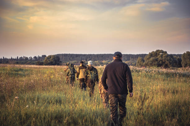 grupo de pessoas em uma linha passando longe campo rural ao pôr do sol durante a temporada de caça na zona rural - caçador - fotografias e filmes do acervo