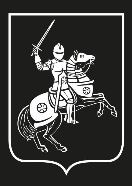 A knight on horseback. The logo depicts the silhouette of a horseman in armor with a sword. knights templar symbols stock illustrations