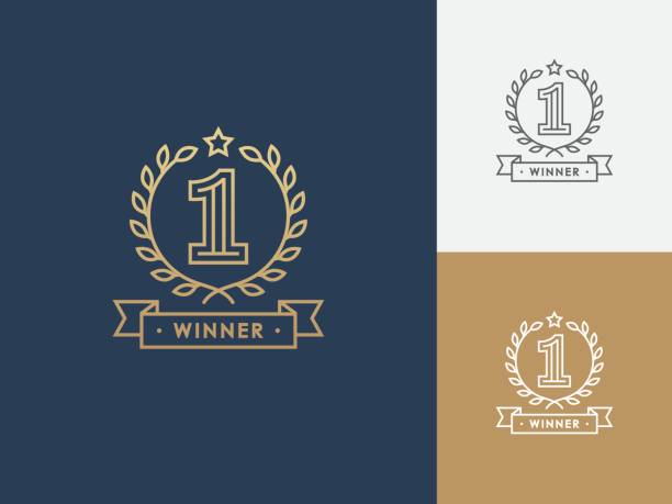 Linear winner emblem with number 1. Linear winner emblem with number 1, wreath and ribbon. First place award. Victory, success symbol. award icon stock illustrations