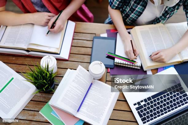 Top View Of Young Students With Books And Notes In Cafe Stock Photo - Download Image Now