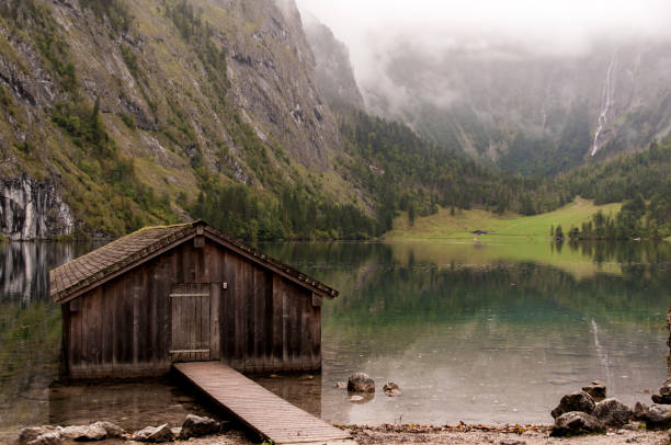 Boathouse on the Obersee with Röthbachfall stock photo