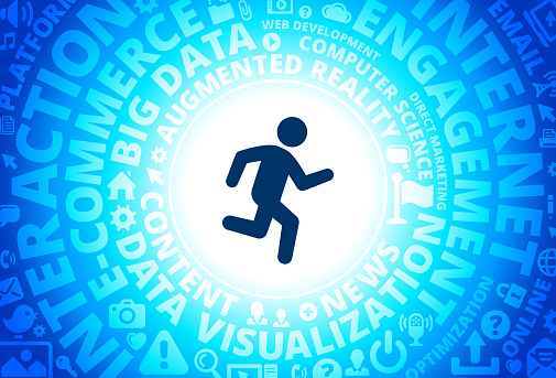 Jogging Icon on Internet Modern Technology Words Background. This blue vector background features the main icon in the center of the image. The icon is surrounded by a set of conceptual words and technology and internet icons. The icon is highlighted by a strong starburst glow effect and stands out from the rest of the image. The technology terminology is arranged in a circular manner. The predominant tone of the image is blue with a circular gradient that originates from the center of the composition.
