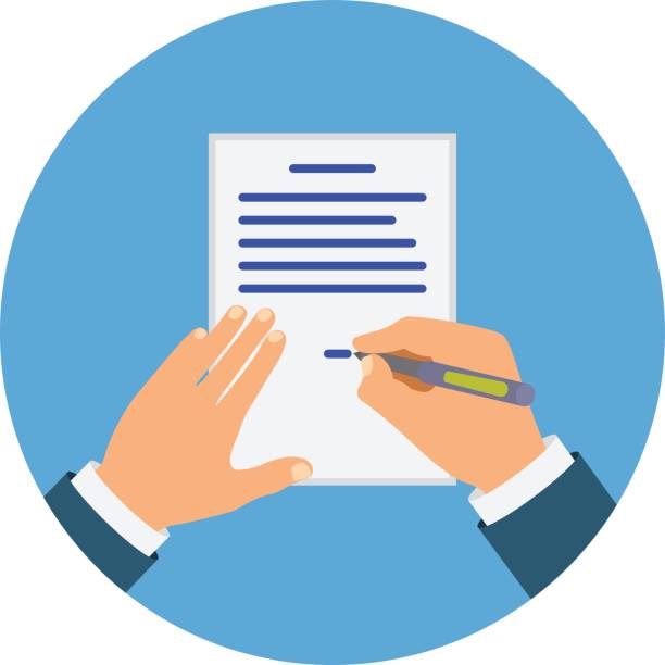 Colored Cartooned Hand Signing Contract Colored Cartooned Hand Signing Contract Graphic Design on Blue Background. petition stock illustrations