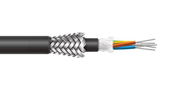 Fiber optic cable with braided armored structure. Vector realistic illustration. Fiber optic cable with braided armored shield structure isolated on white background. Vector realistic illustration. stranded stock illustrations