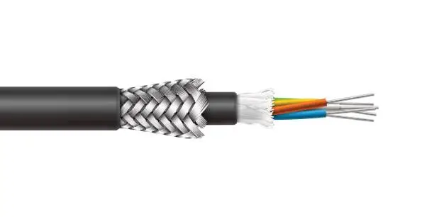 Vector illustration of Fiber optic cable with braided armored structure. Vector realistic illustration.