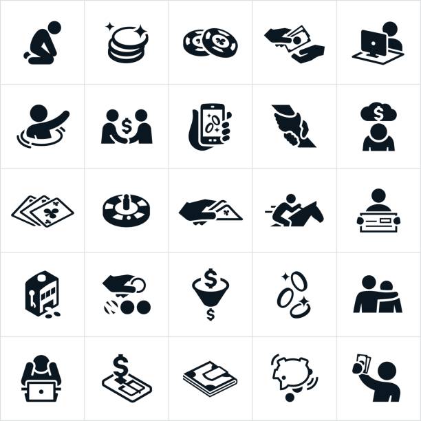 Betting and Gambling Icons A betting and gambling set of icons. The icons include people betting, gambling, exchanging money, online gambling, money, chips, payment, despair, depression, loss, horse racing, cards, lottery, winning, winner, slot machine and other related icons. debt recovery stock illustrations