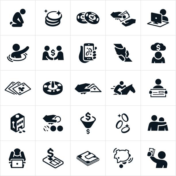 Betting and Gambling Icons A betting and gambling set of icons. The icons include people betting, gambling, exchanging money, online gambling, money, chips, payment, despair, depression, loss, horse racing, cards, lottery, winning, winner, slot machine and other related icons. poker win stock illustrations