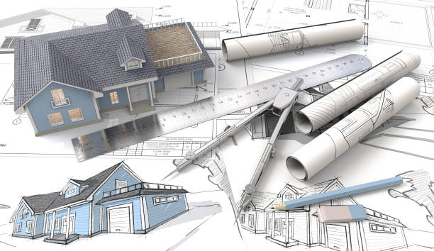 3D House on Design Sketches and Blueprints.