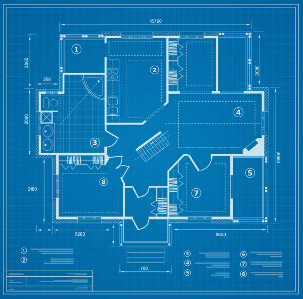 Blueprint house plan Blueprint house plan drawing. Figure of the jotting sketch of the construction and the industrial skeleton of the structure with the plan and dimensions blueprint stock illustrations