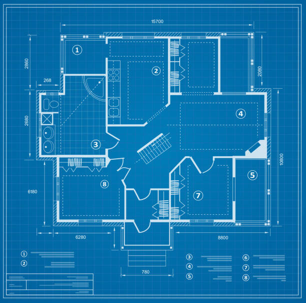 Blueprint house plan Blueprint house plan drawing. Figure of the jotting sketch of the construction and the industrial skeleton of the structure with the plan and dimensions Blueprint stock illustrations