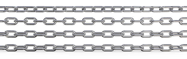 Set of 4 metal Chains. Different rotations and Wide ratio. 3 top are Isolated,  3D render.