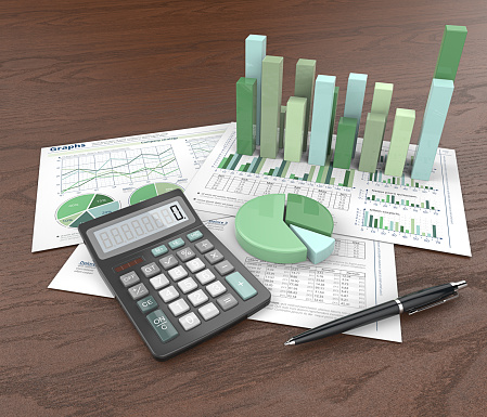 3d Illustration of Financial documents, 3D graphs and pie charts on wooden background. Pen and Calculator. Green Theme.