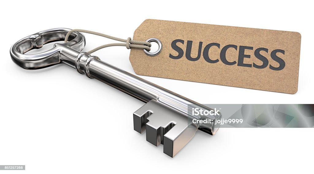 Key to Success. Vintage Steel Key and Tag label with the text Success. 3D render. Key Stock Photo