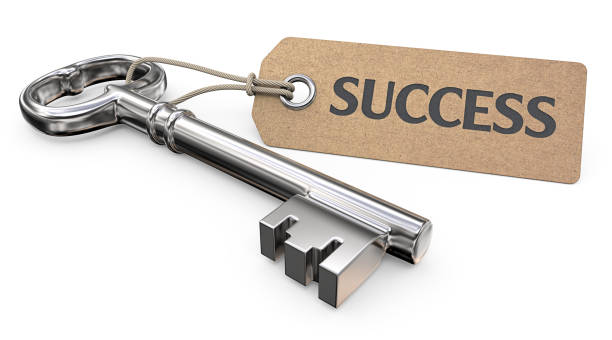 Key to Success. Vintage Steel Key and Tag label with the text Success. 3D render. computer key stock pictures, royalty-free photos & images