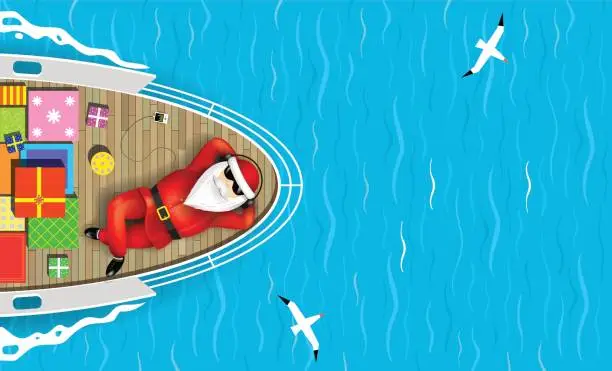 Vector illustration of Santa Claus swimming on a yacht