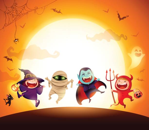 Halloween Kids Costume Party. Group of kids in Halloween costume jumping in the moonlight. kid animal costume stock illustrations