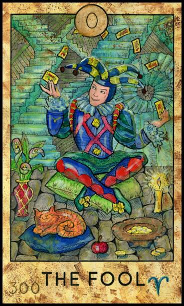 Fool. Joker. Fantasy Creatures Tarot full deck. Major arcana. Hand drawn graphic illustration, engraved colorful painting with occult symbols fool stock illustrations