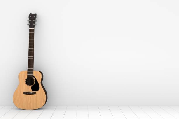 istock wood acoustic guitar in empty white room in 3D rendering 851343640