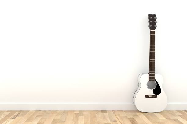istock white acoustic guitar in empty white room wood parquet floor in 3D rendering 851343646