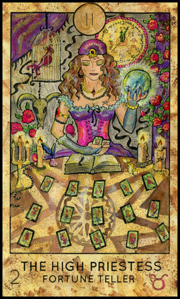 ilustrações de stock, clip art, desenhos animados e ícones de high priestess. fortune teller. - magic magic trick vertical tarot cards