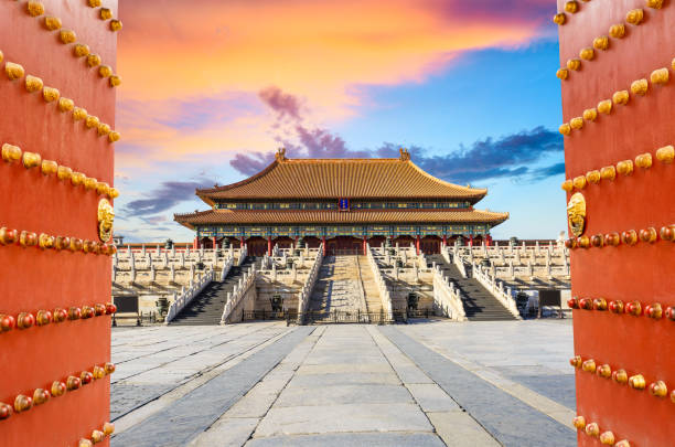 Beijing forbidden city scenery at sunset,China,Chinese symbols stock photo