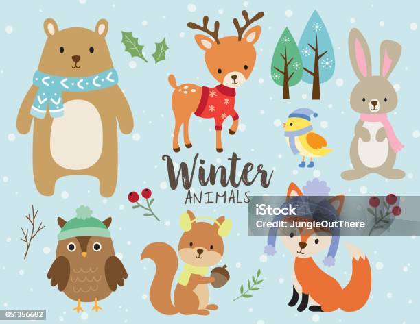 Ilustración de Animales Lindo Invierno Con Nieve De Fondo y más Vectores Libres de Derechos de Invierno - Invierno, Animal, Conejo - Animal