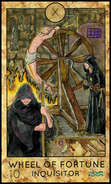 Wheel of Fortune. Inquisitor. Fantasy Creatures Tarot full deck. Major arcana. Hand drawn graphic illustration, engraved colorful painting with occult symbols medieval torture drawings stock illustrations
