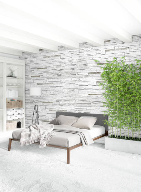 istock White bedroom minimal style Interior design with wood wall and grey sofa. 3D Rendering. 3D illustration 851434696