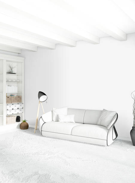 istock White bedroom minimal style Interior design with wood wall and grey sofa. 3D Rendering. 3D illustration 851437960