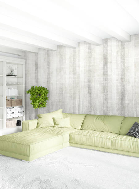 istock White bedroom minimal style Interior design with wood wall and grey sofa. 3D Rendering. 3D illustration 851438316