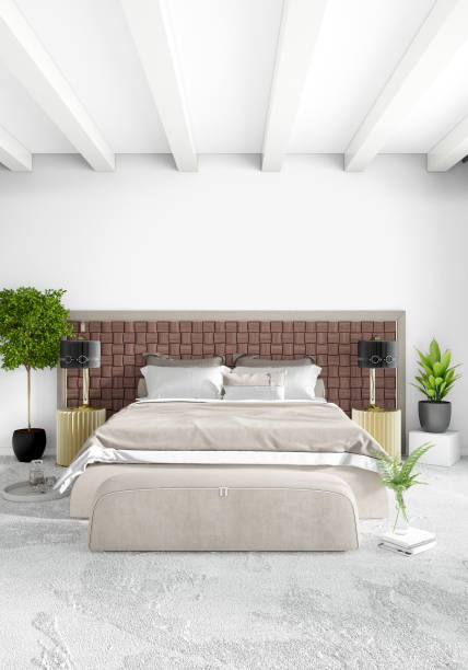 istock White bedroom minimal style Interior design with wood wall and grey sofa. 3D Rendering. 3D illustration 851438896