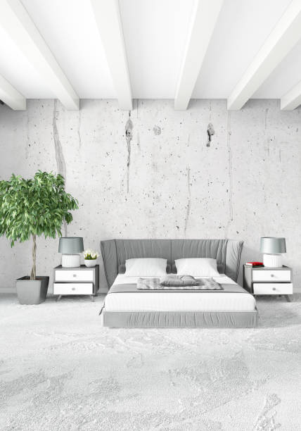 istock White bedroom minimal style Interior design with wood wall and grey sofa. 3D Rendering. 3D illustration 851441212