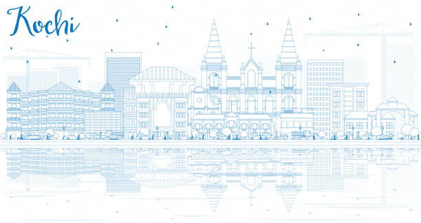 illustrations, cliparts, dessins animés et icônes de skyline de kochi contour bleu de bâtiments et de reflets. - poule naine